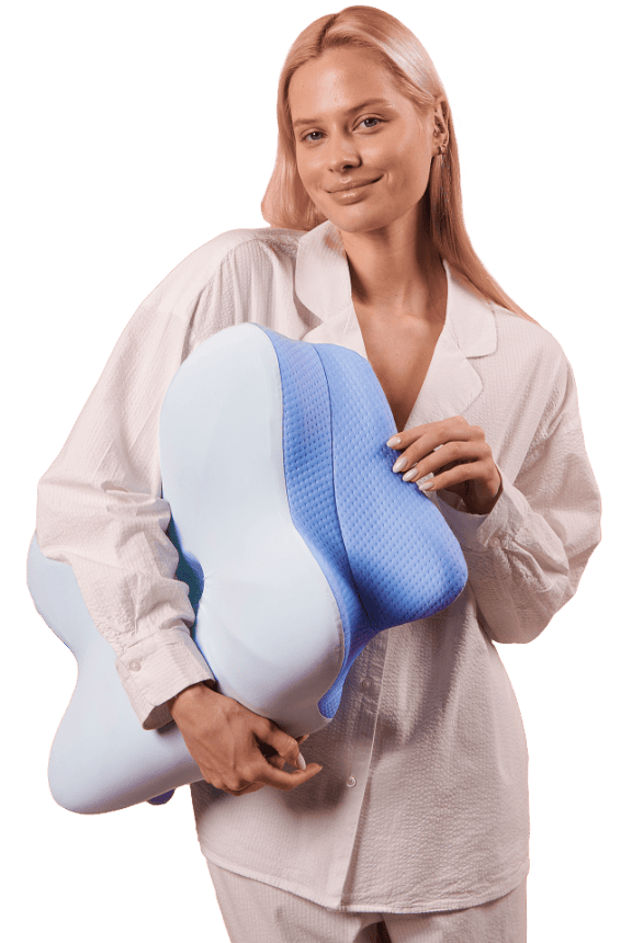 Woman holding an ergonomic pillow