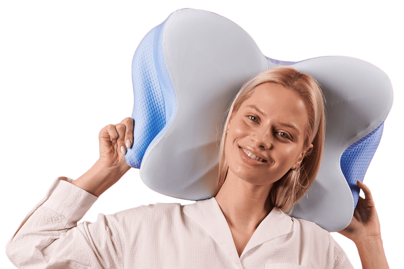 Woman holding an ergonomic pillow